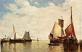 Moored Ships In A Small Harbour by Paul-Jean Clays